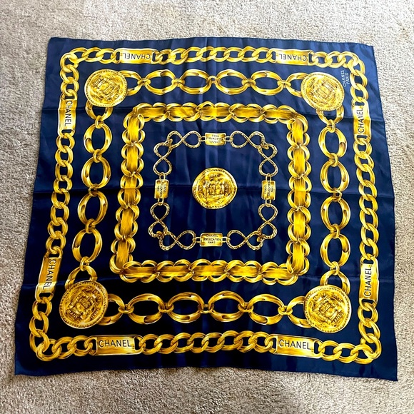 CHANEL Accessories - Vintage Chanel Silk Scarf Blue and Gold Chain